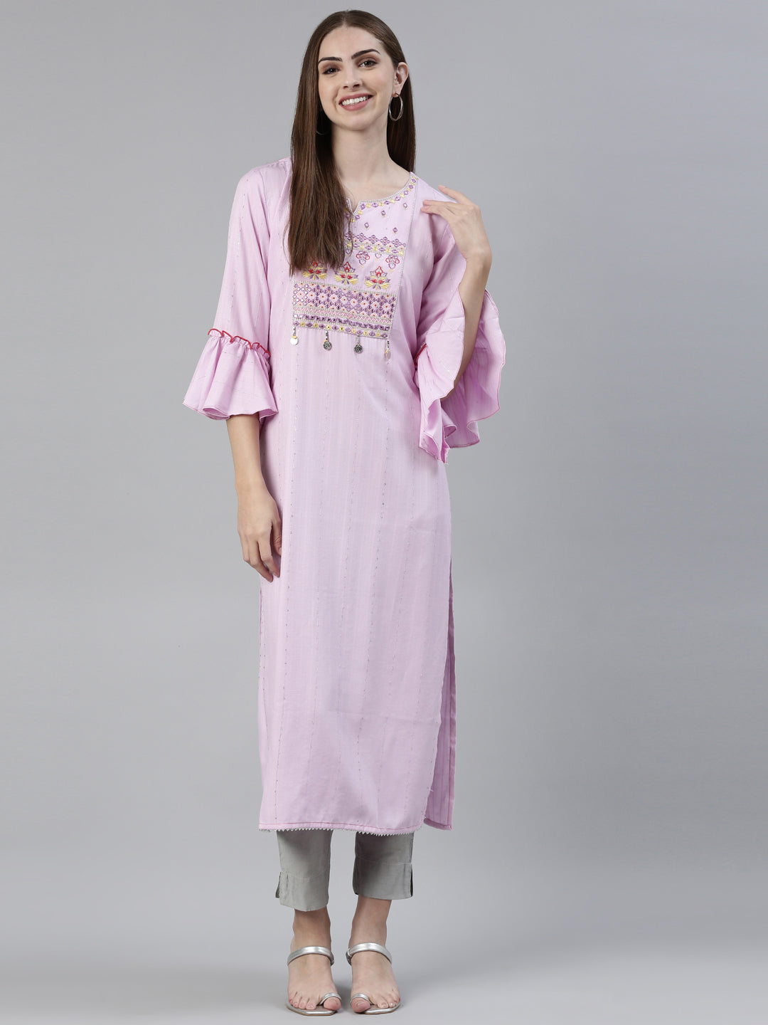 Neerus Purple viscose rayon thread embroidered kurti - front view