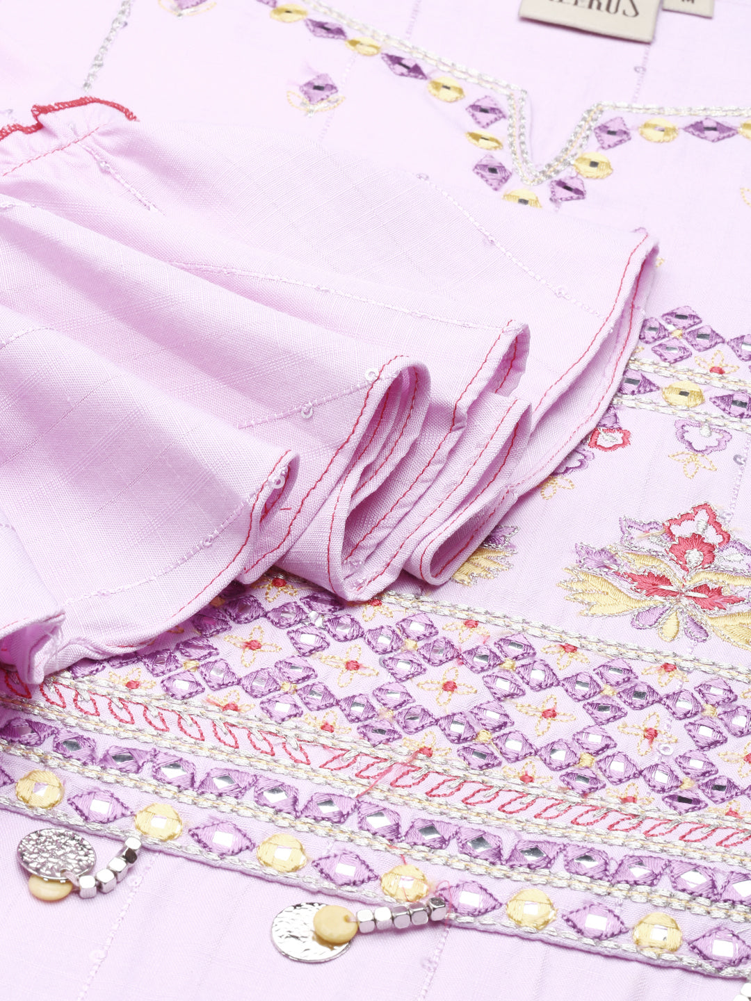Neerus Purple viscose rayon thread embroidered kurti - detail view 2