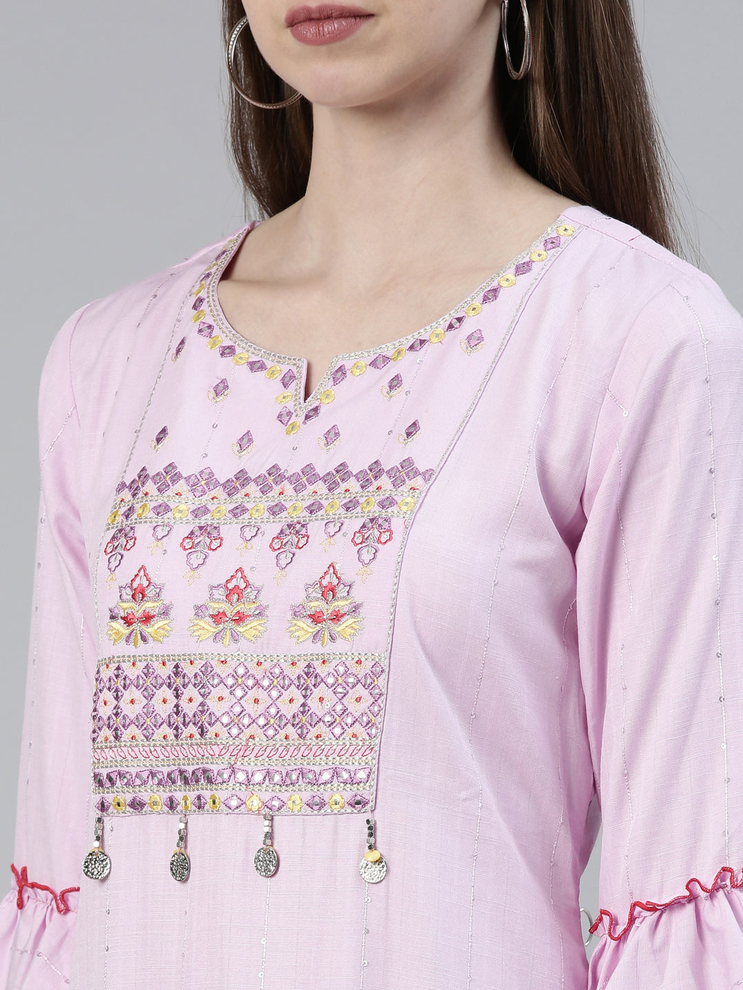 Neerus Purple viscose rayon thread embroidered kurti - detail view 1