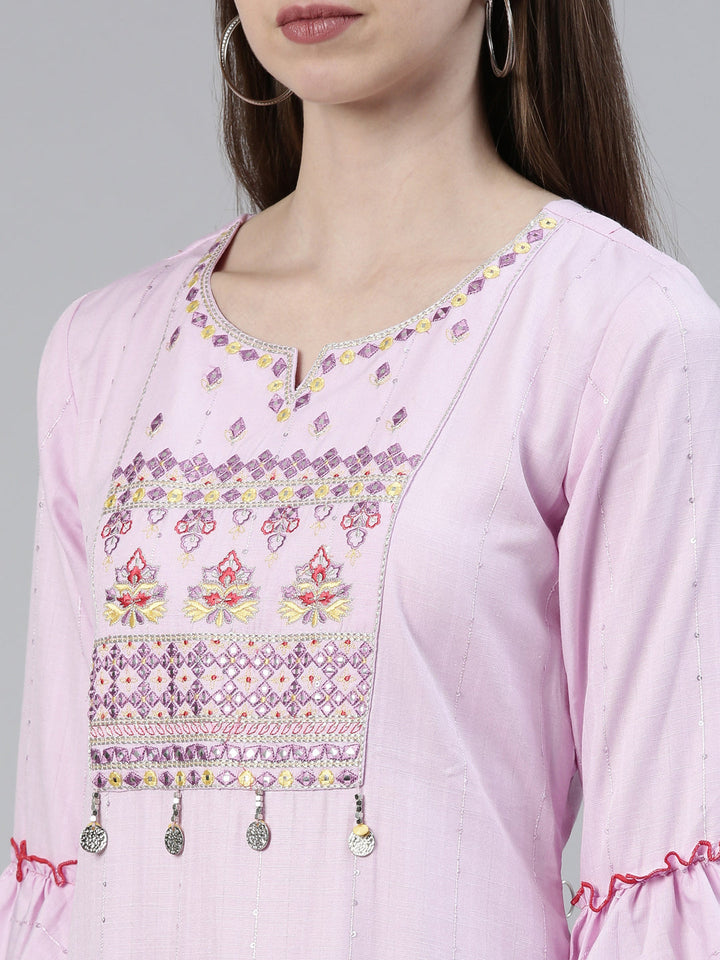 Neerus Purple viscose rayon thread embroidered kurti - detail view 1