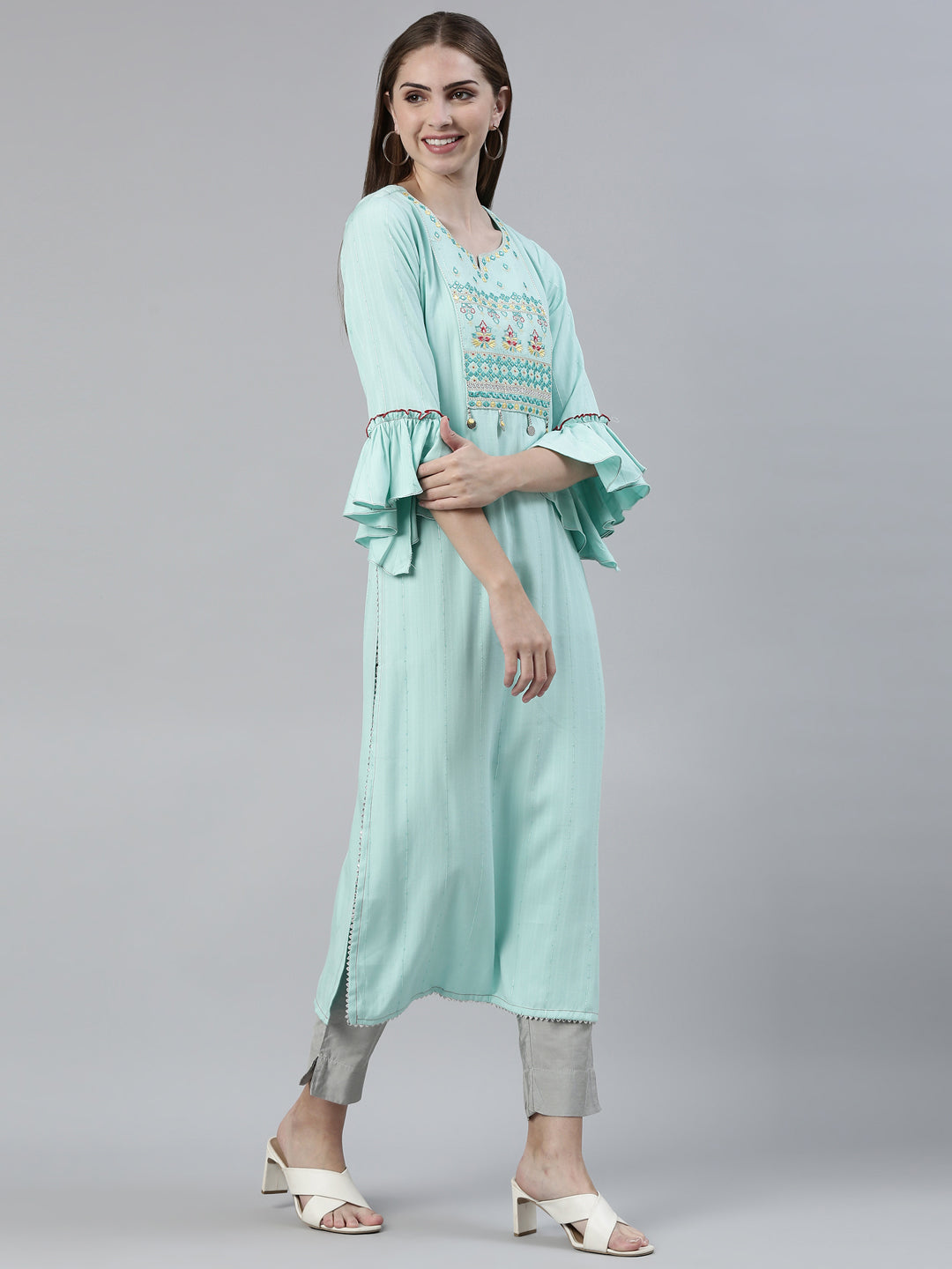 Neerus Green viscose rayon thread embroidered straight kurti - back view