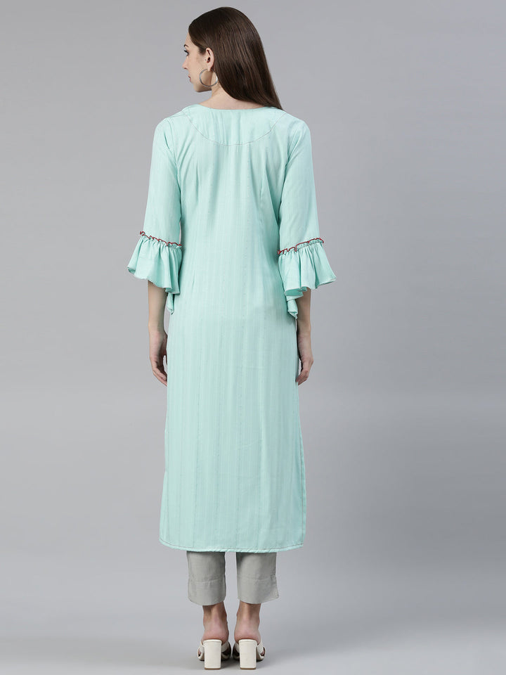 Neerus Green viscose rayon thread embroidered straight kurti - side view