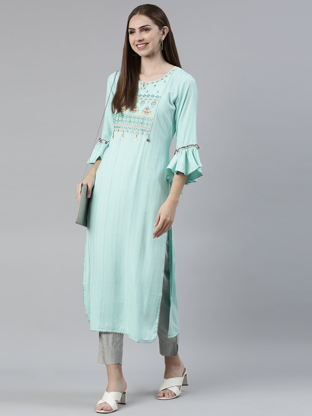Neerus Green viscose rayon thread embroidered straight kurti - front view