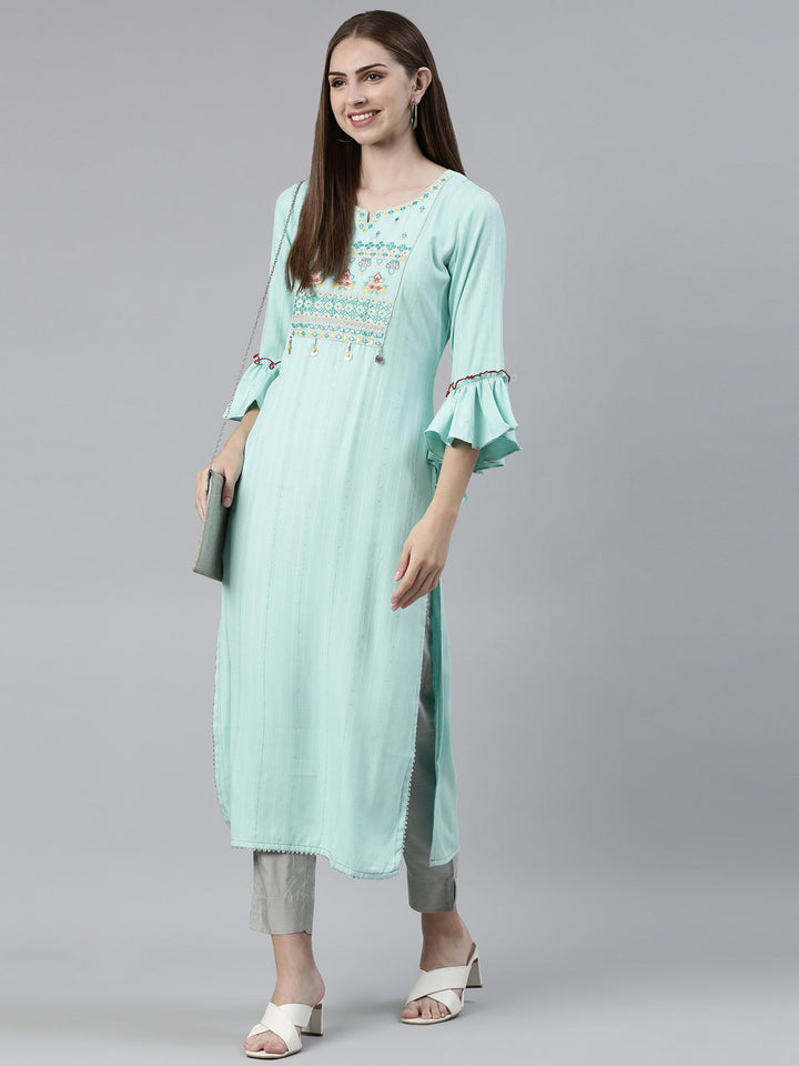 Neerus Green viscose rayon thread embroidered straight kurti - front view
