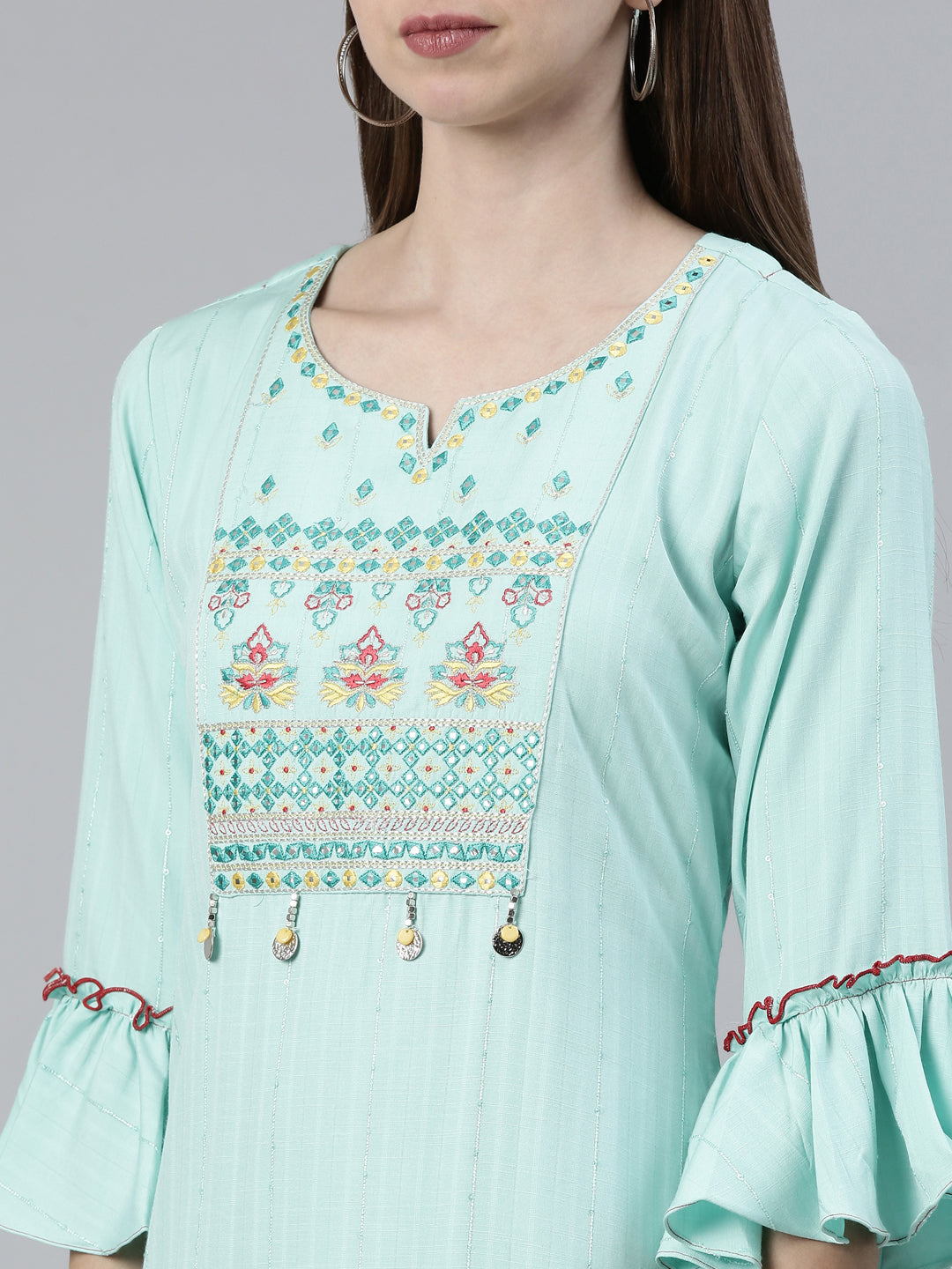 Neerus Green viscose rayon thread embroidered straight kurti - detail view 1