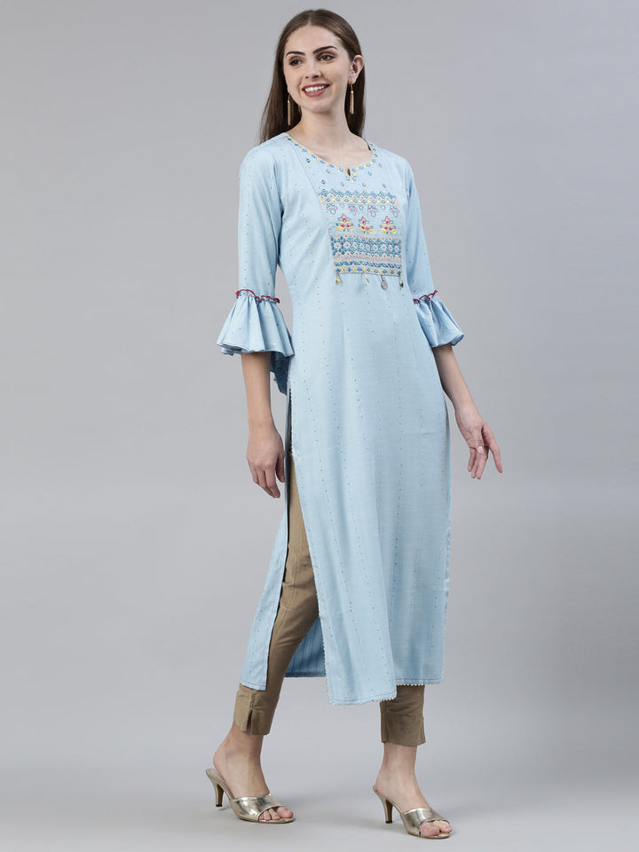 Neerus Blue viscose rayon thread embroidered straight kurti - back view