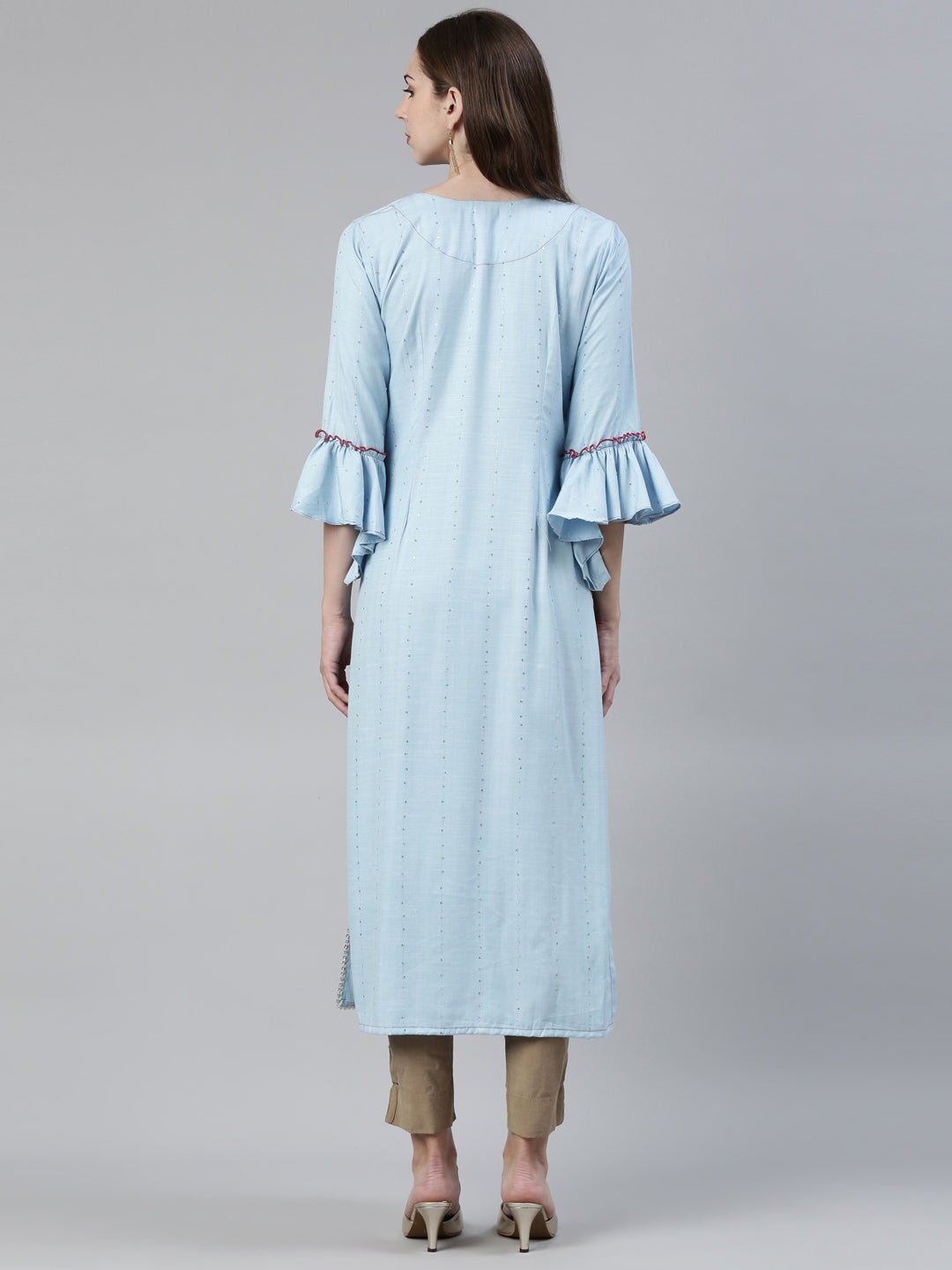 Neerus Blue viscose rayon thread embroidered straight kurti - side view