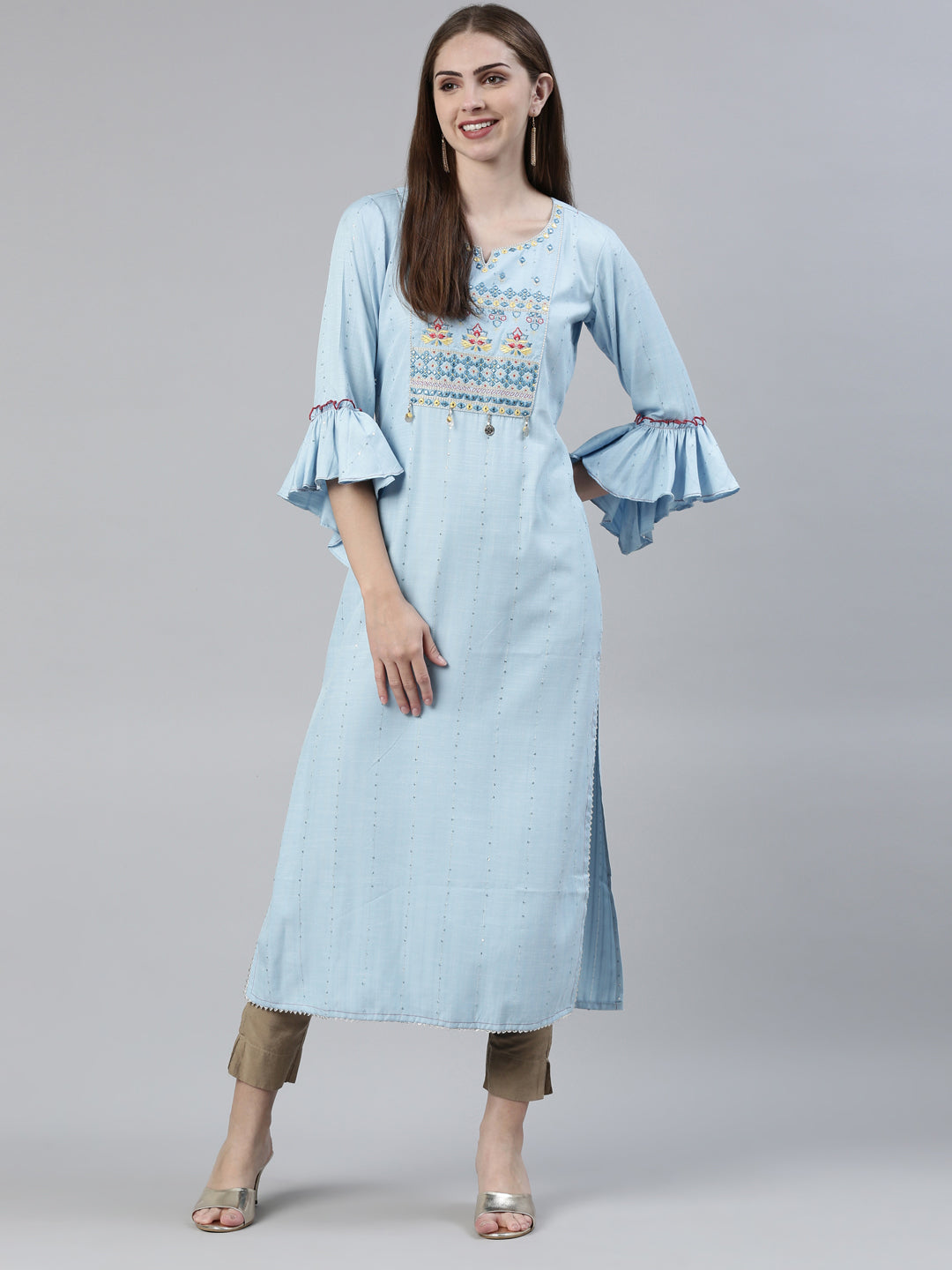 Neerus Blue viscose rayon thread embroidered straight kurti - front view