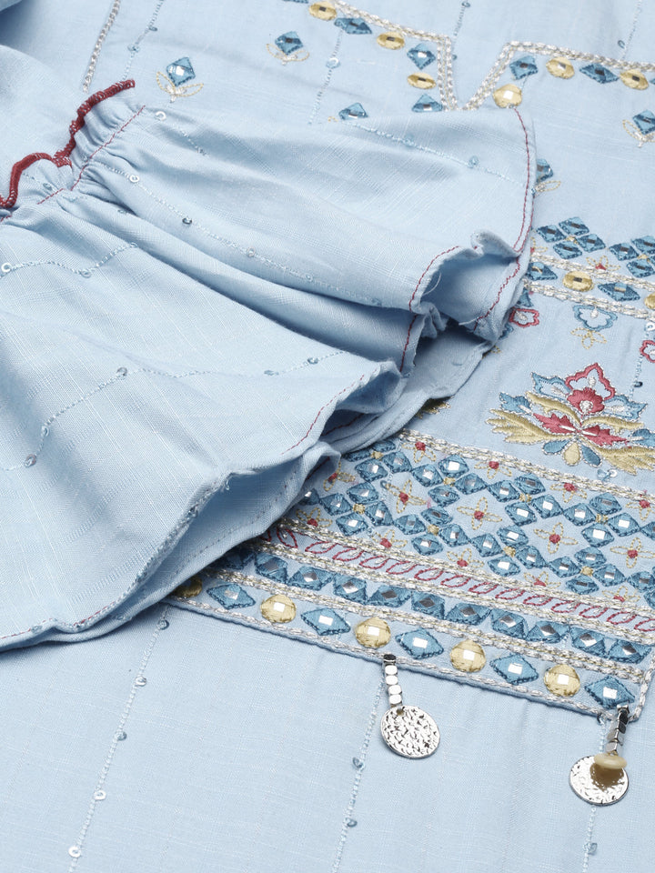 Neerus Blue viscose rayon thread embroidered straight kurti - detail view 2
