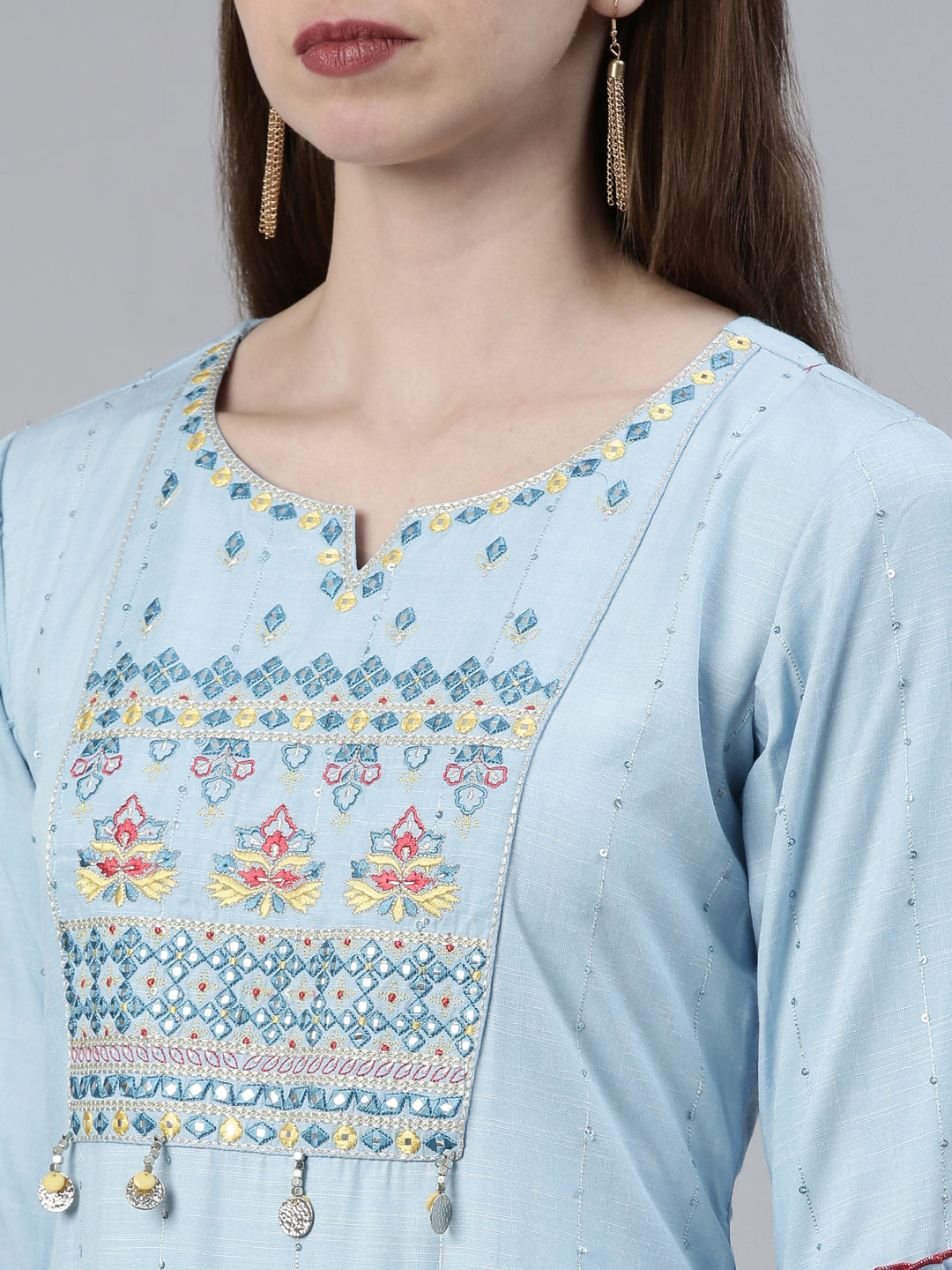 Neerus Blue viscose rayon thread embroidered straight kurti - detail view 1