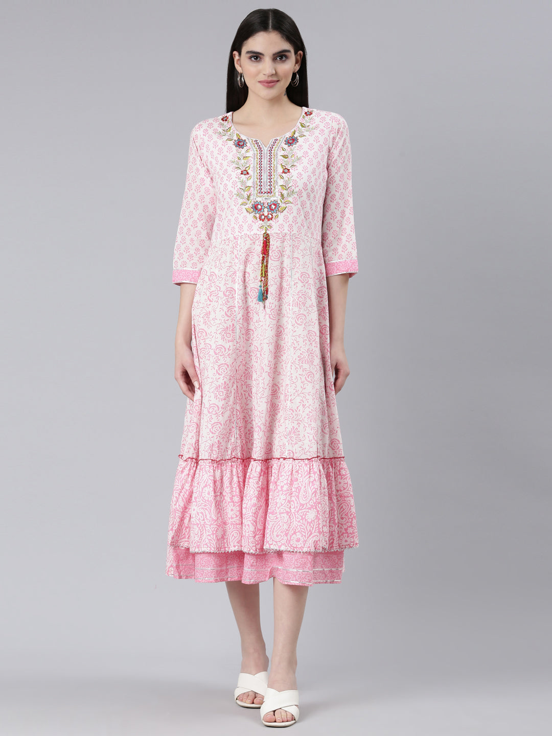 Neerus Pink printed straight dress - front view