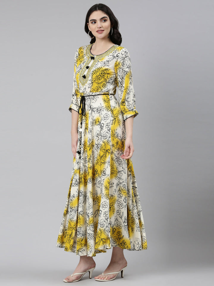 Neerus Yellow Straight Casual Printed Dress