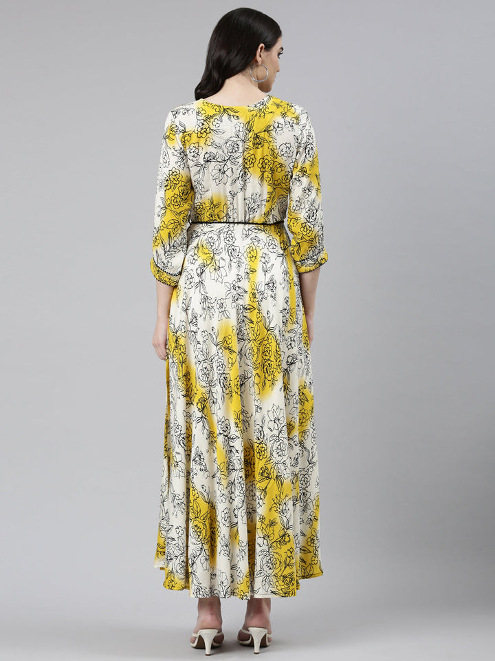 Neerus Yellow Straight Casual Printed Dress
