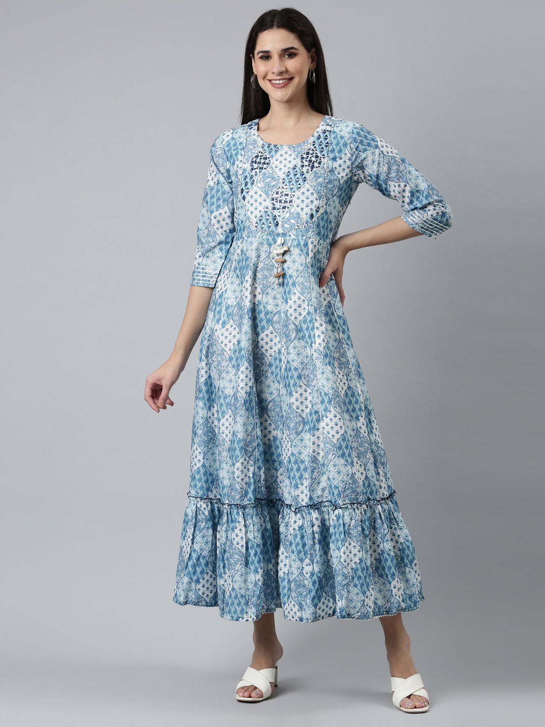 Neerus Blue Shantoon printed straight dress - front view