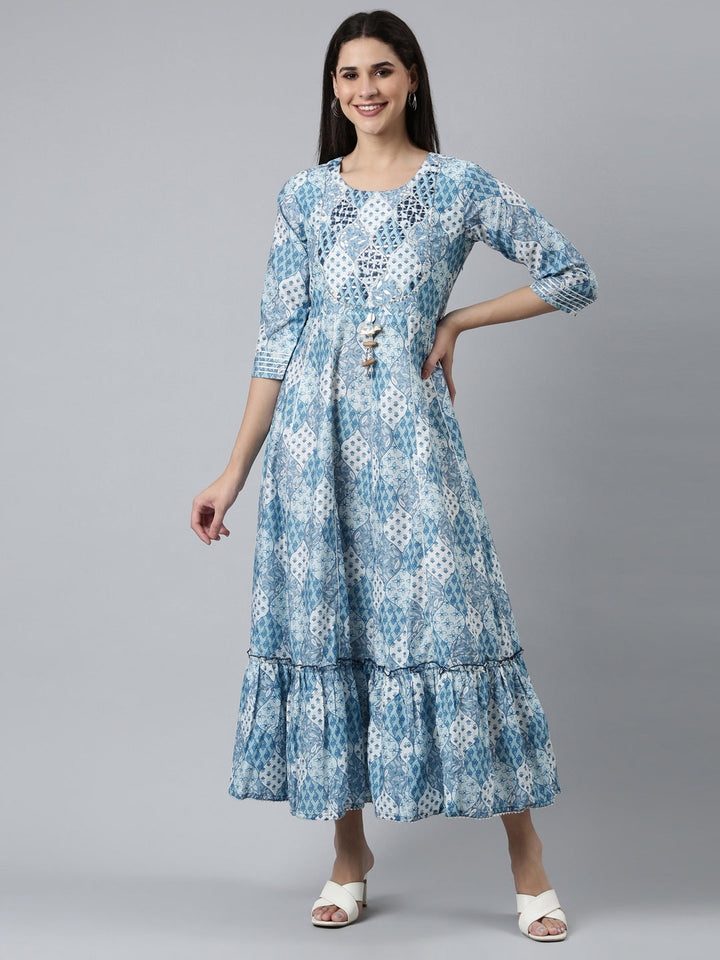 Neerus Blue Shantoon printed straight dress - front view