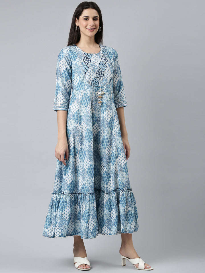 Neerus Blue Shantoon printed straight dress - back view