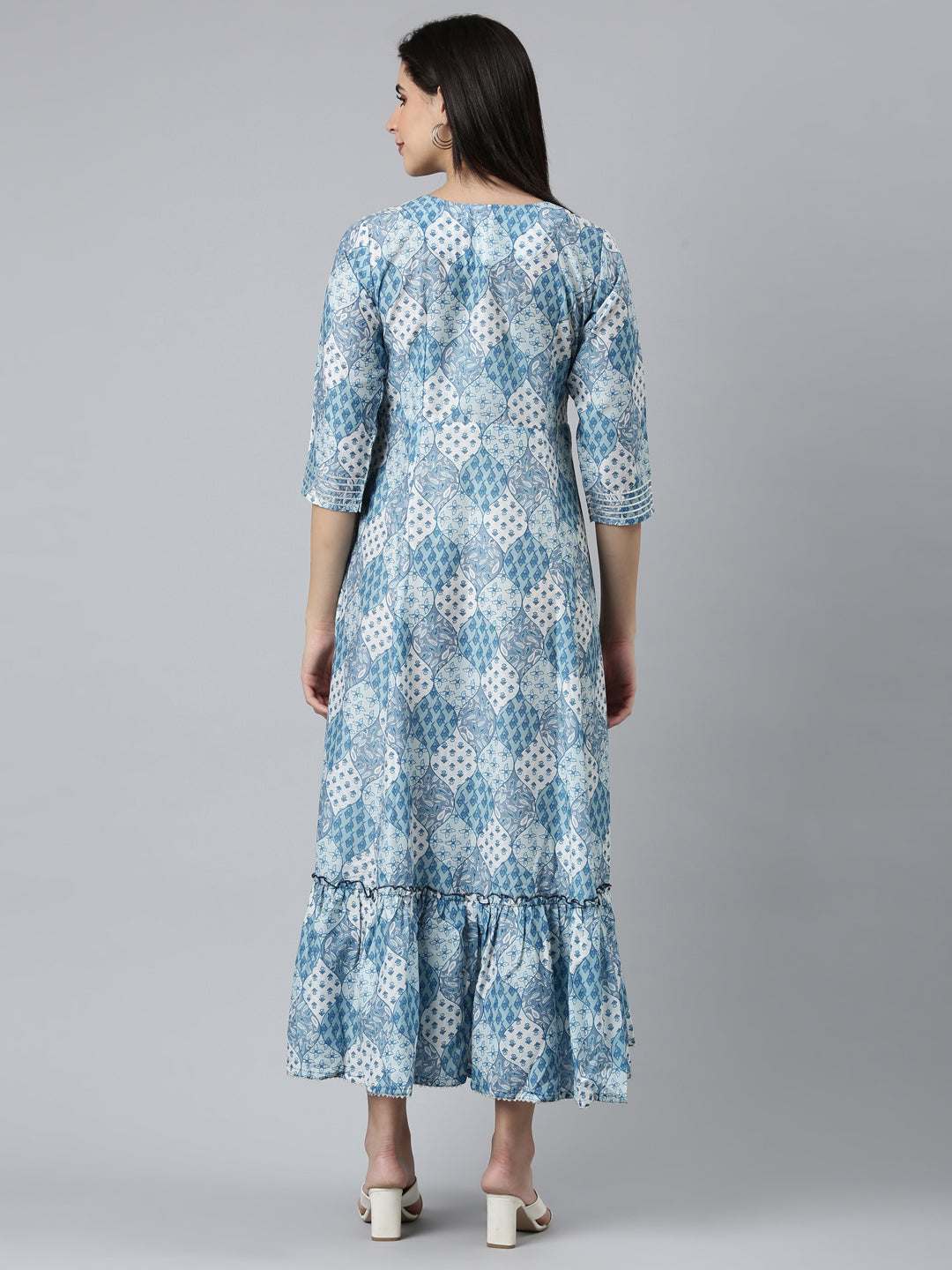 Neerus Blue Shantoon printed straight dress - side view