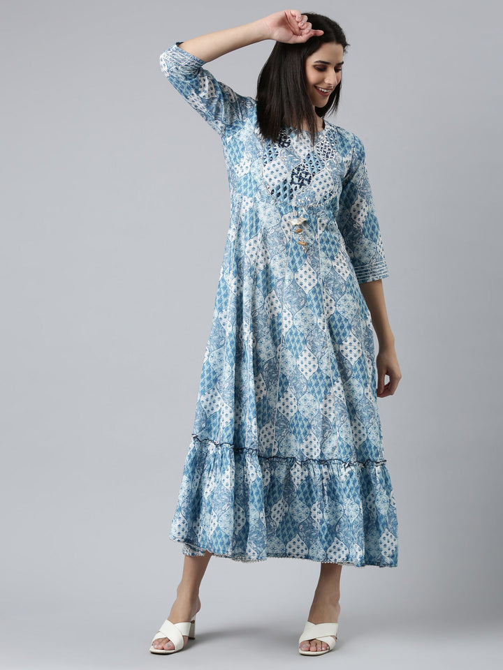 Neerus Blue Shantoon printed straight dress - detail view 2