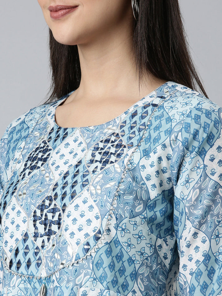 Neerus Blue Shantoon printed straight dress - detail view 1