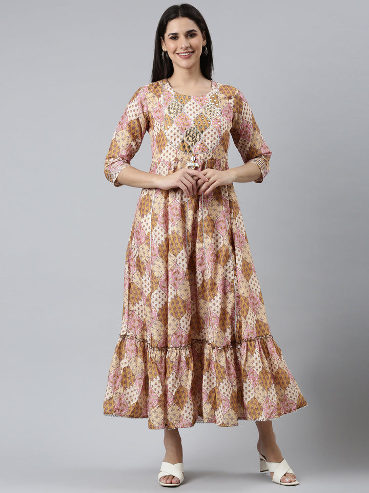 Neerus Yellow Shantoon Printed Straight Dress - front view