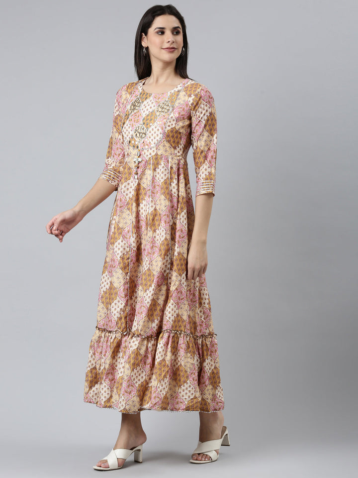 Neerus Yellow Shantoon Printed Straight Dress - back view