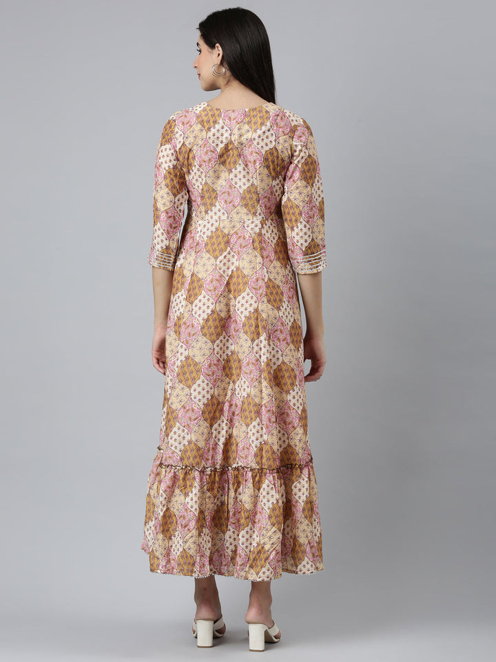 Neerus Yellow Shantoon Printed Straight Dress - side view