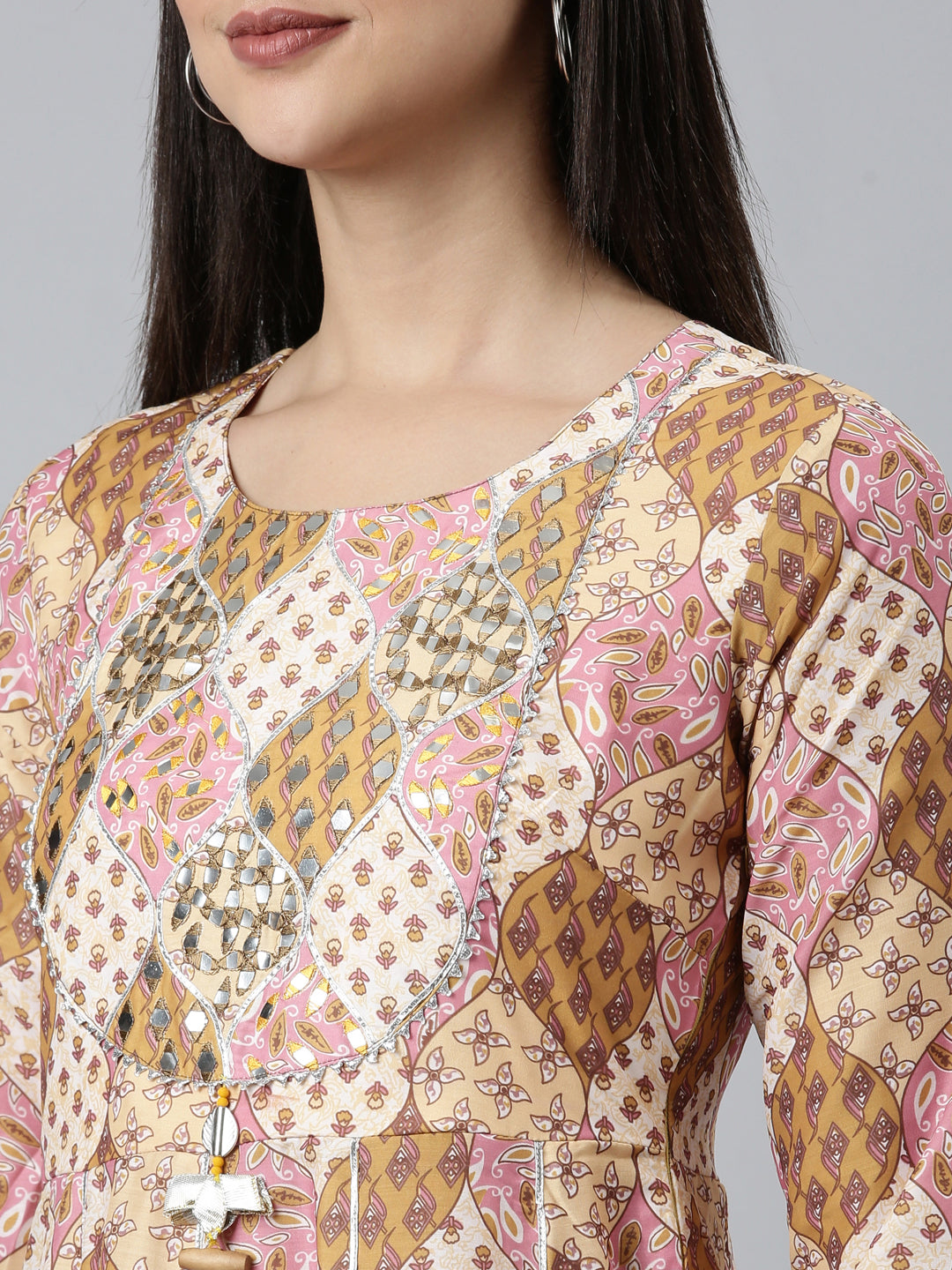 Neerus Yellow Shantoon Printed Straight Dress - detail view 1