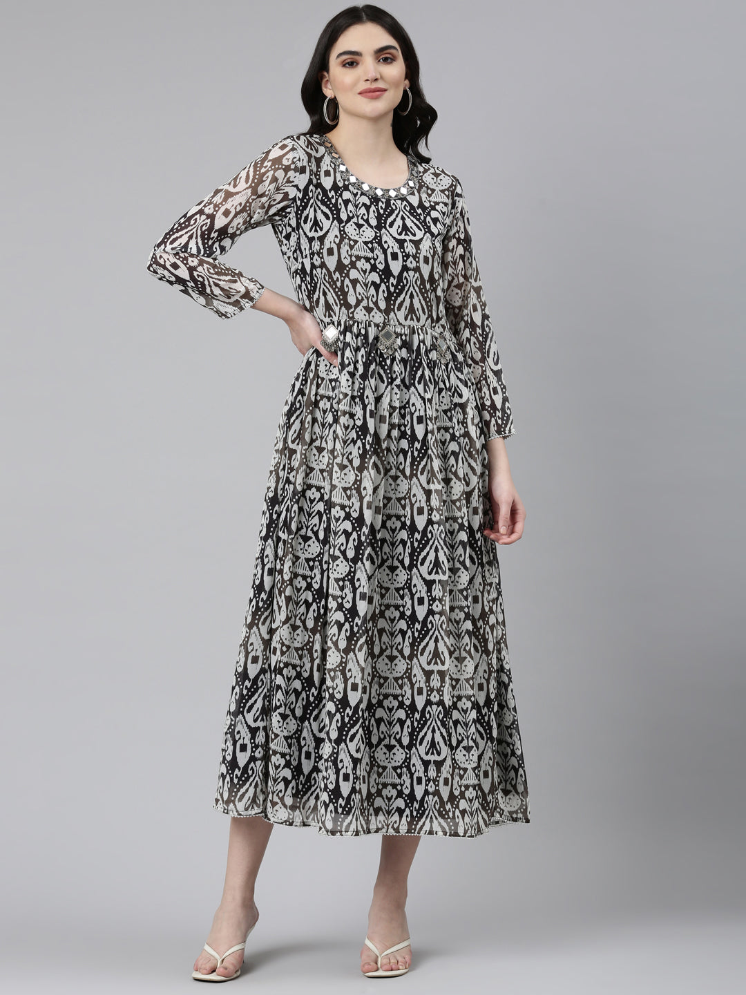 Neerus Black printed straight dress with mirror work round neck - front view