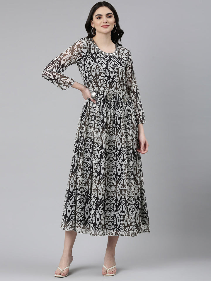 Neerus Black printed straight dress with mirror work round neck - front view