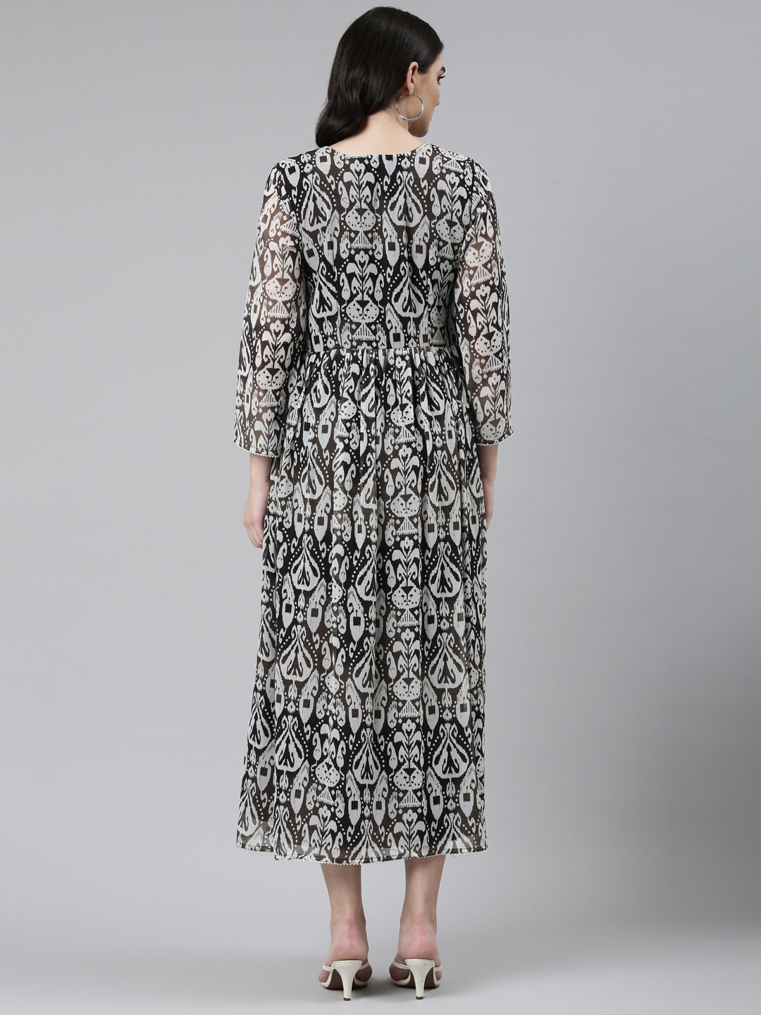 Neerus Black printed straight dress with mirror work round neck - side view