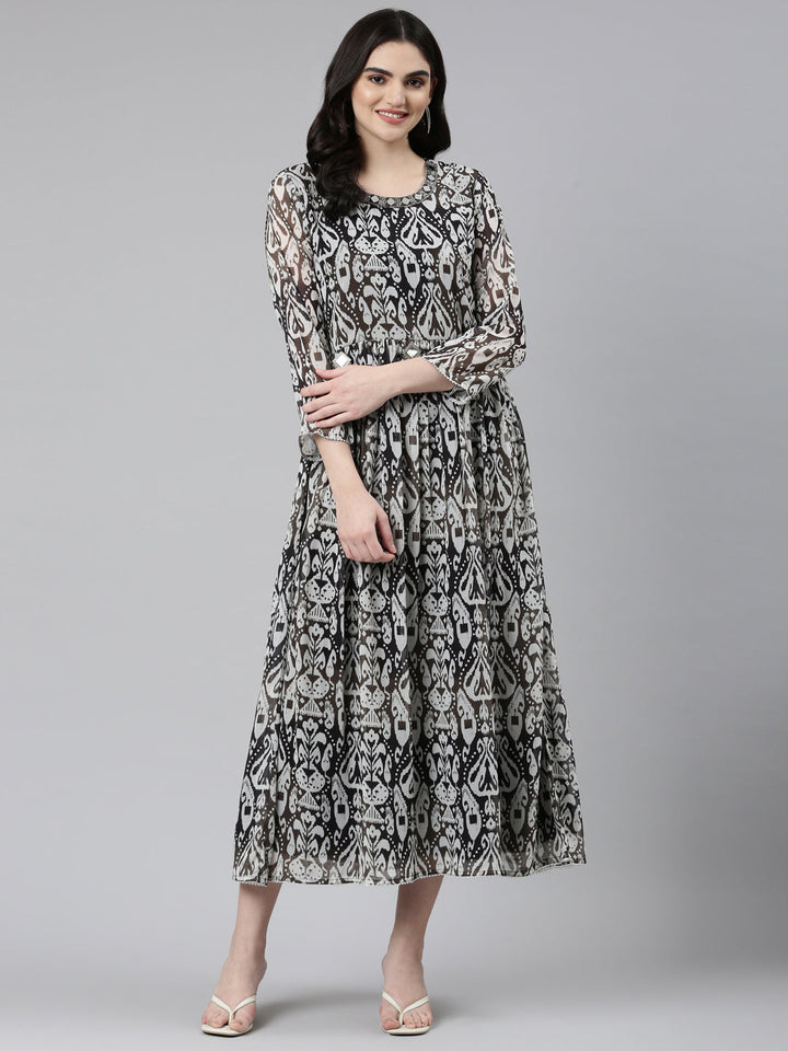 Neerus Black printed straight dress with mirror work round neck - detail view 2
