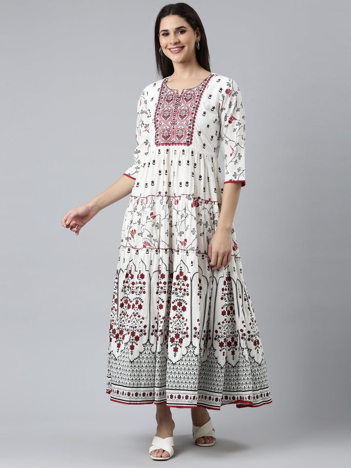 Neerus White Straight Casual Printed Dress
