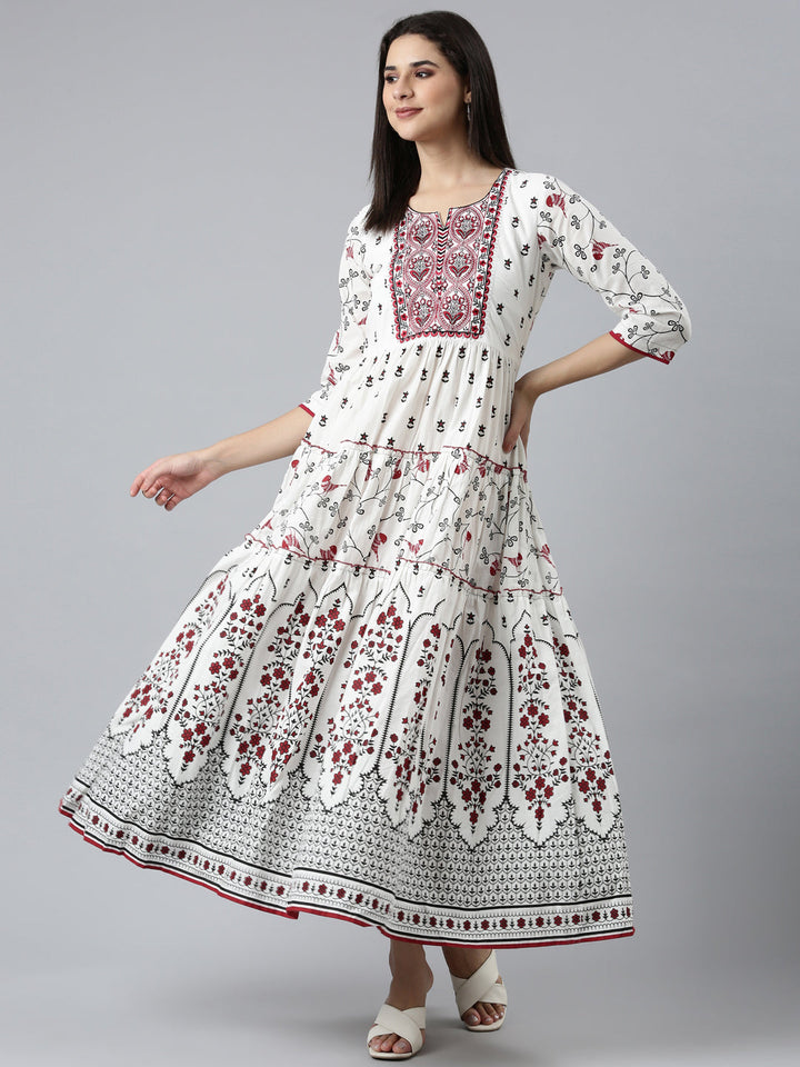Neerus White Straight Casual Printed Dress