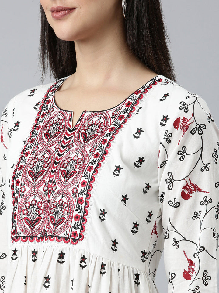 Neerus White Straight Casual Printed Dress