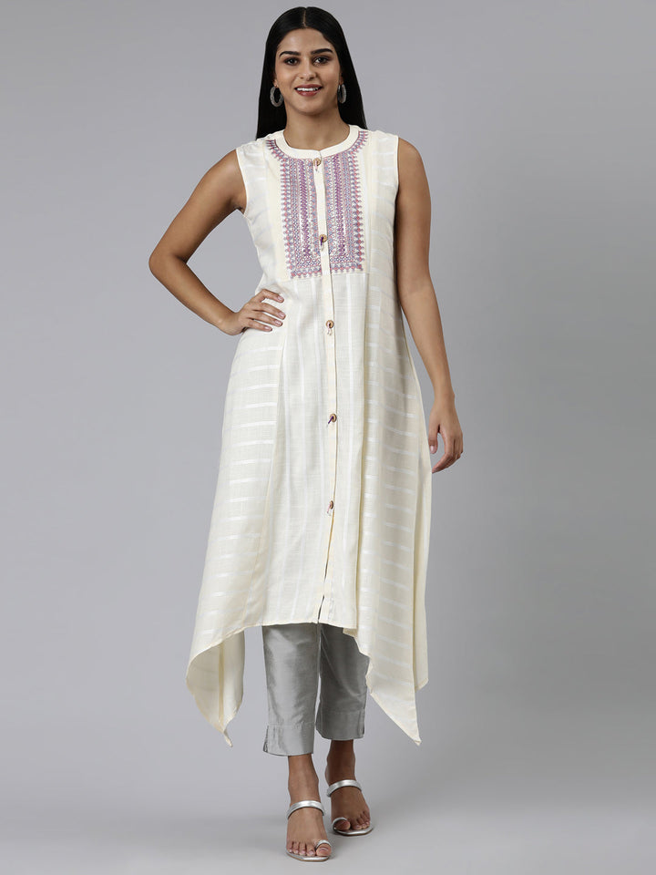 Neerus Beige Viscose Rayon Thread Embroidered Kurti - front view