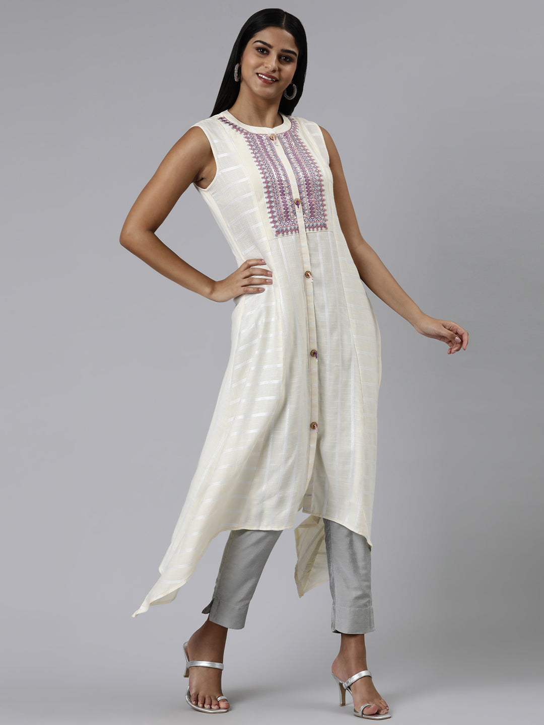 Neerus Beige Viscose Rayon Thread Embroidered Kurti - back view