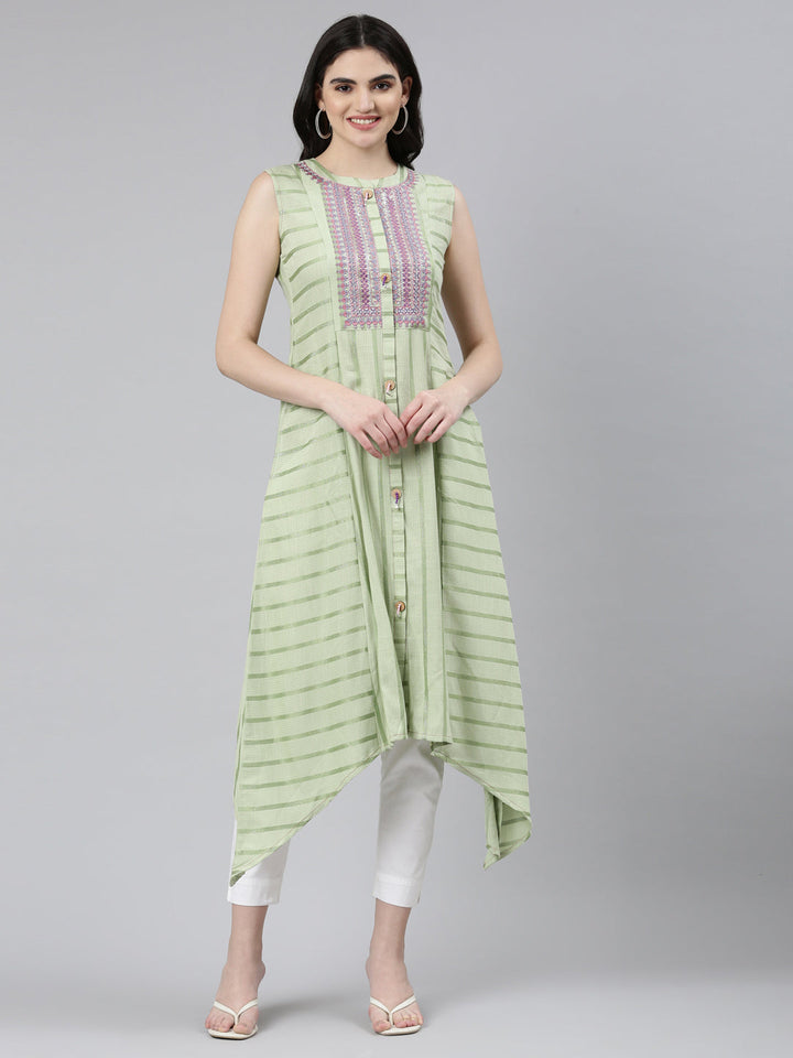 Neerus Green Viscose Rayon Embroidered Straight Dress - front view