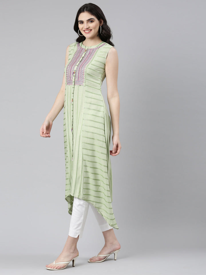 Neerus Green Viscose Rayon Embroidered Straight Dress - back view