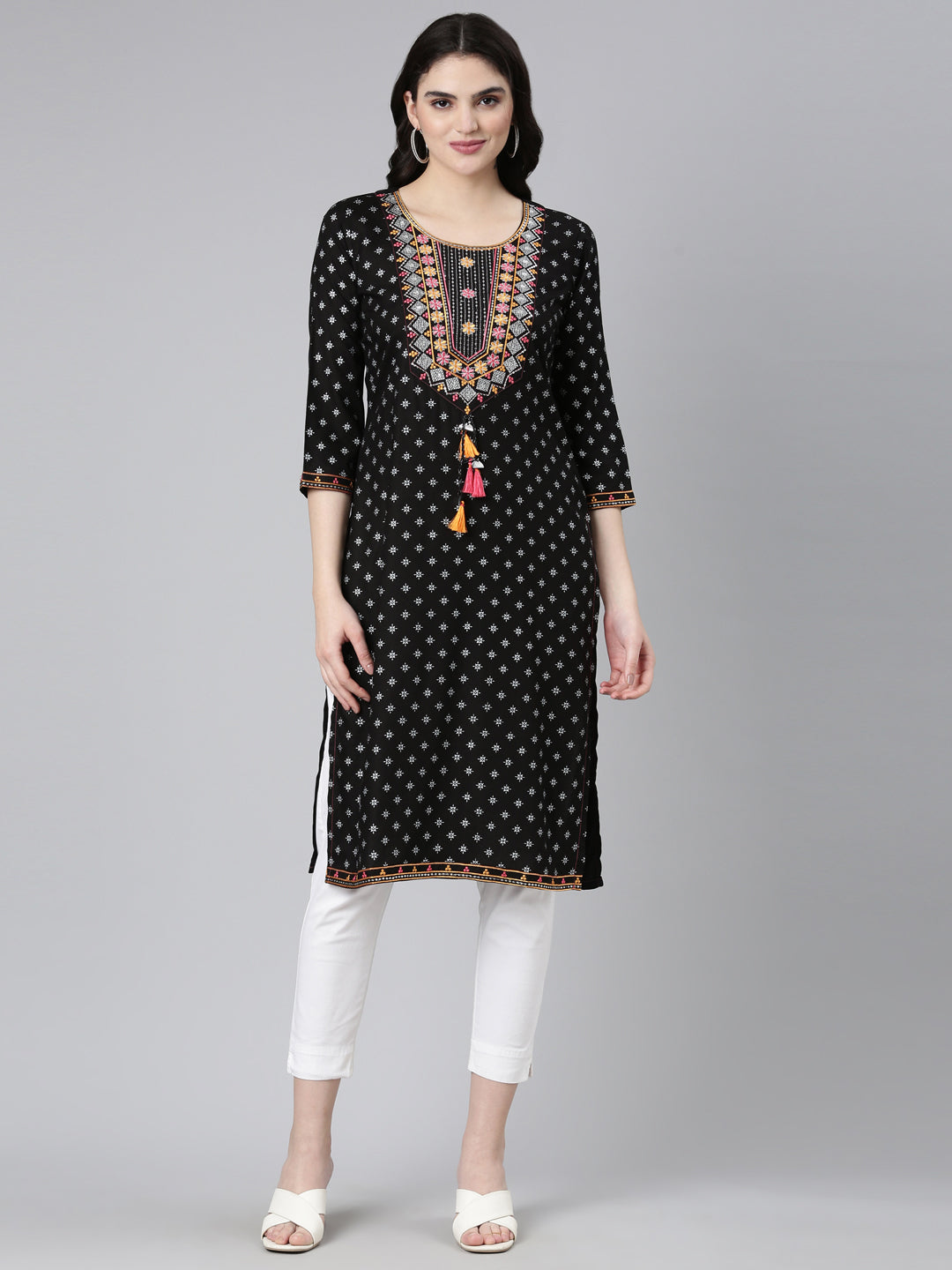 Neerus Black Rayon Printed Straight Kurti - front view