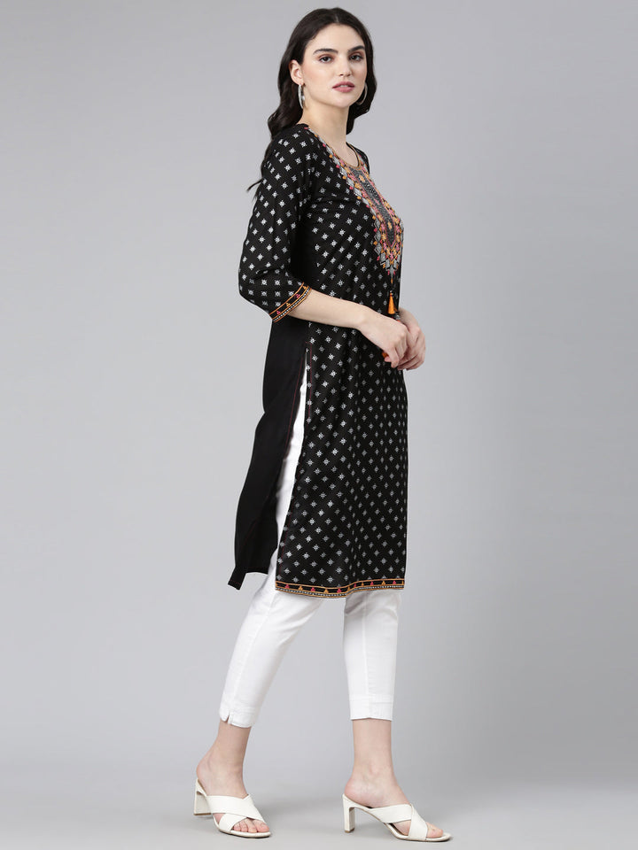 Neerus Black Rayon Printed Straight Kurti - back view