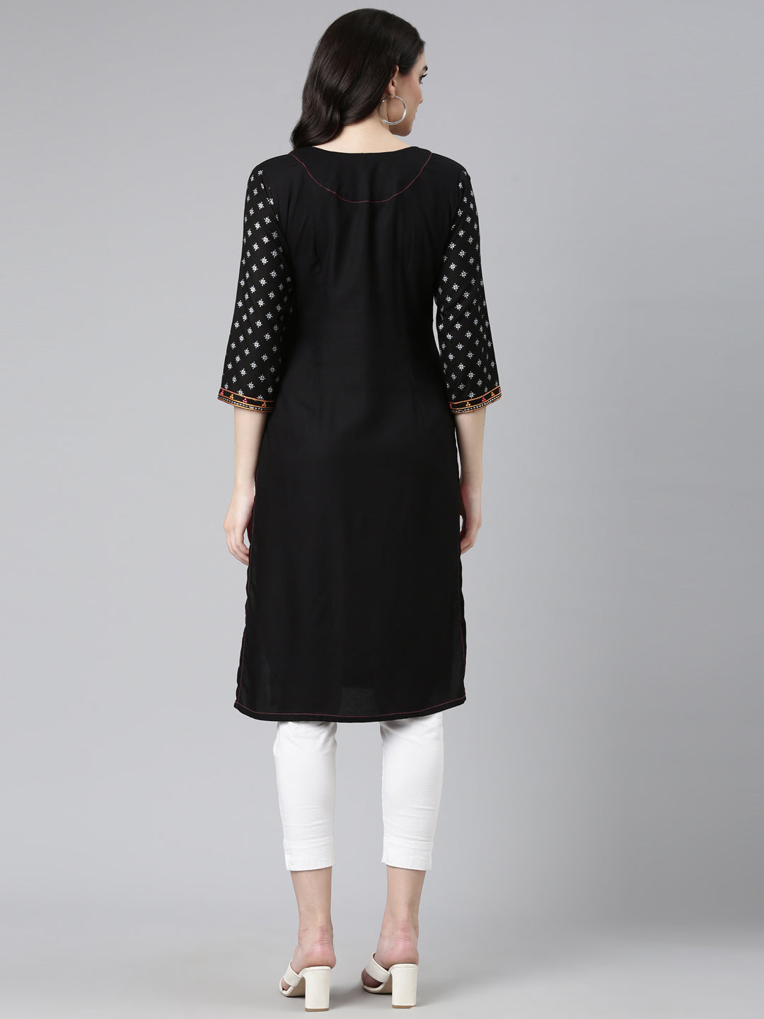 Neerus Black Rayon Printed Straight Kurti - side view