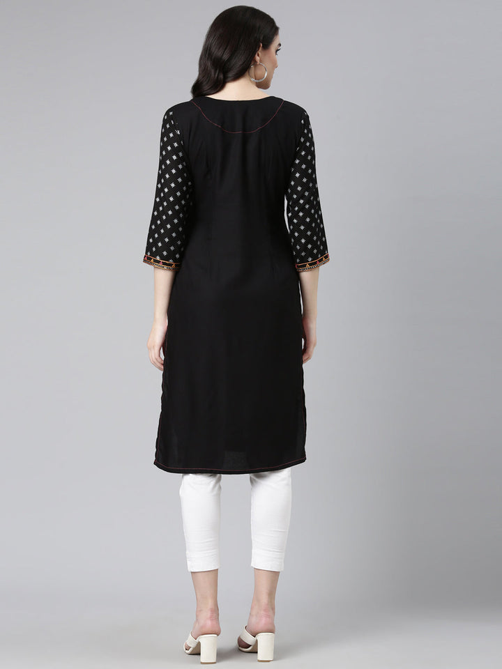Neerus Black Rayon Printed Straight Kurti - side view