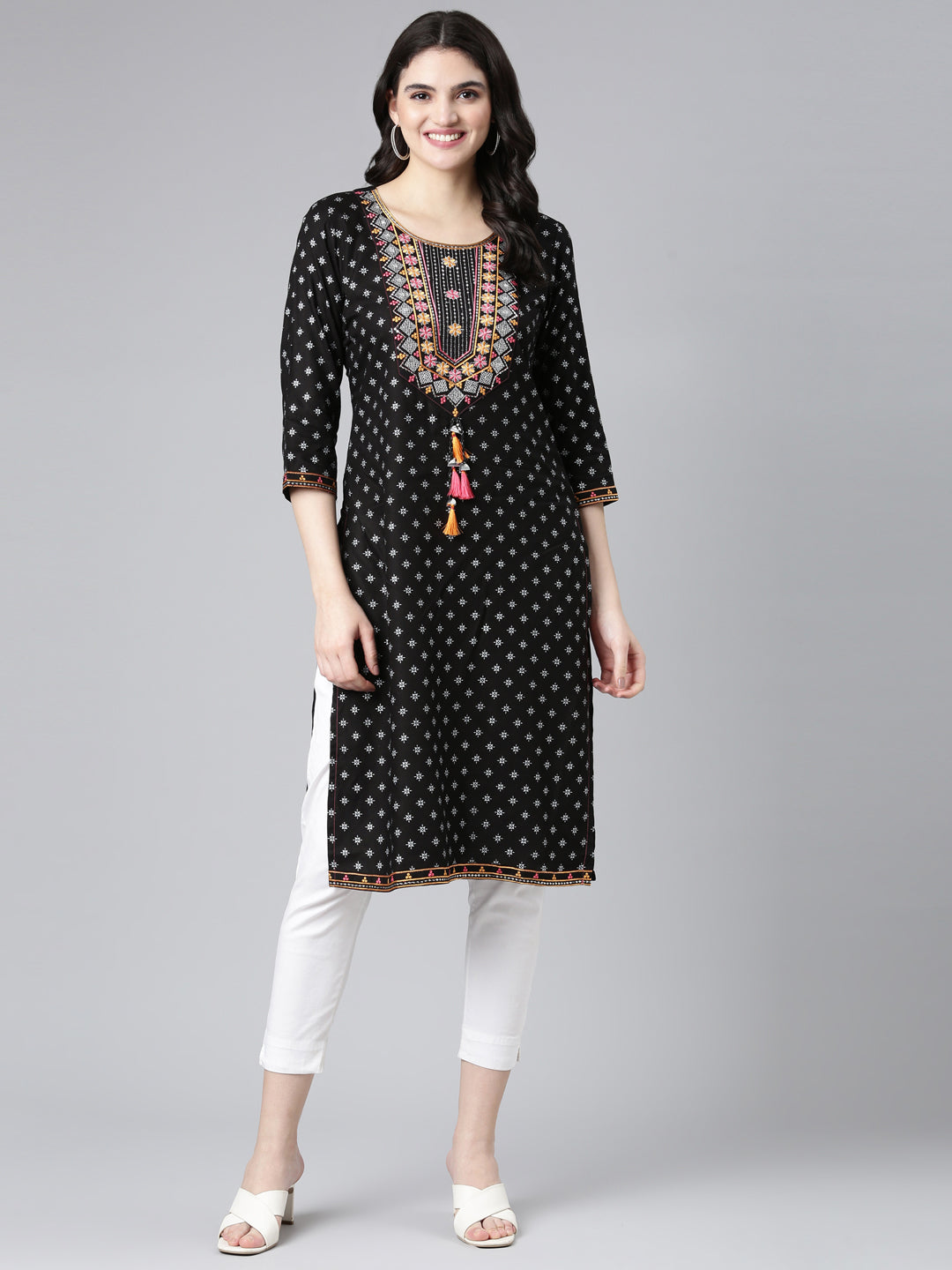 Neerus Black Rayon Printed Straight Kurti - detail view 2