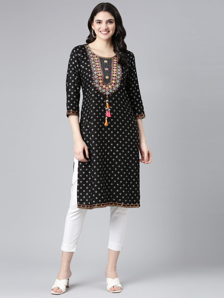 Neerus Black Rayon Printed Straight Kurti - detail view 2