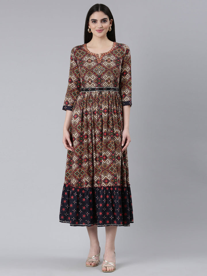 Neerus Grey Straight Casual Printed Dress