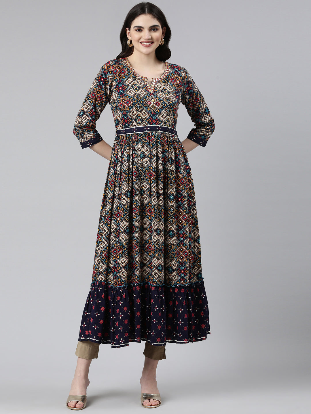 Neerus Blue Rayon Printed Straight Dress - front view