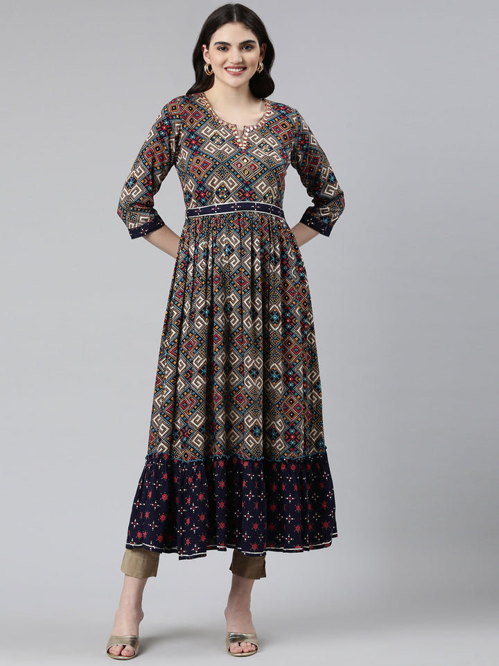 Neerus Blue Rayon Printed Straight Dress - front view