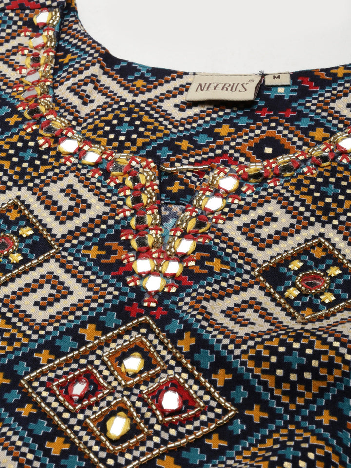 Neerus Blue Rayon Printed Straight Dress - detail view 1