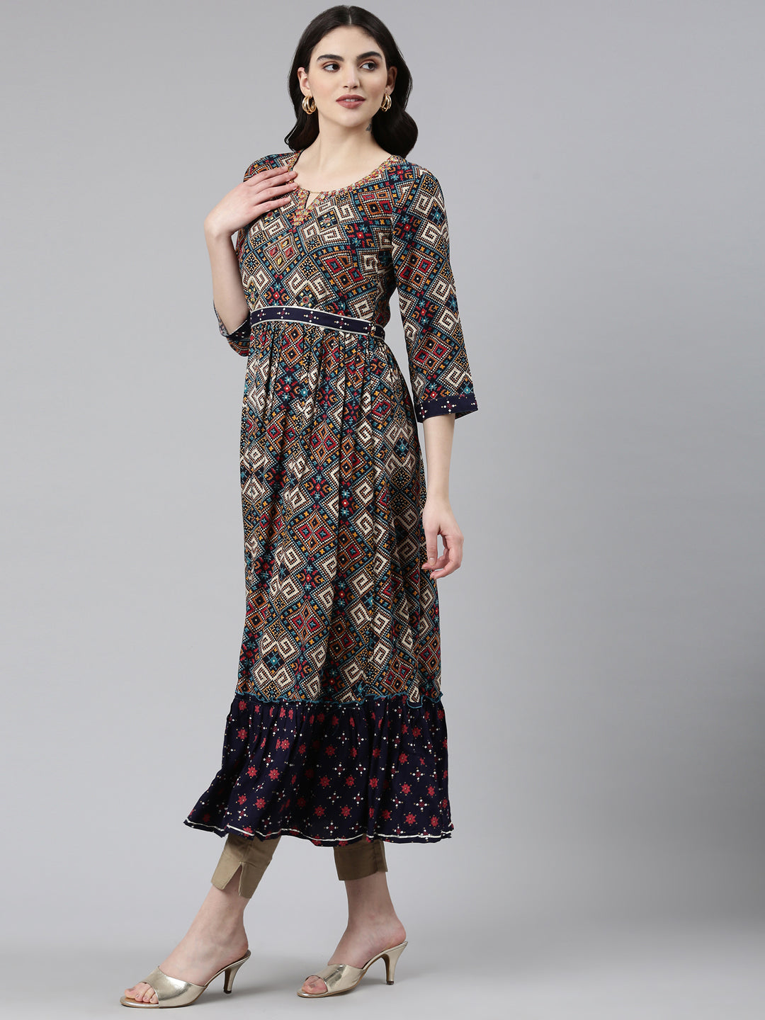 Neerus Blue Rayon Printed Straight Dress - back view