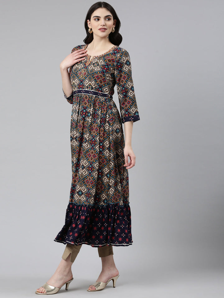 Neerus Blue Rayon Printed Straight Dress - back view